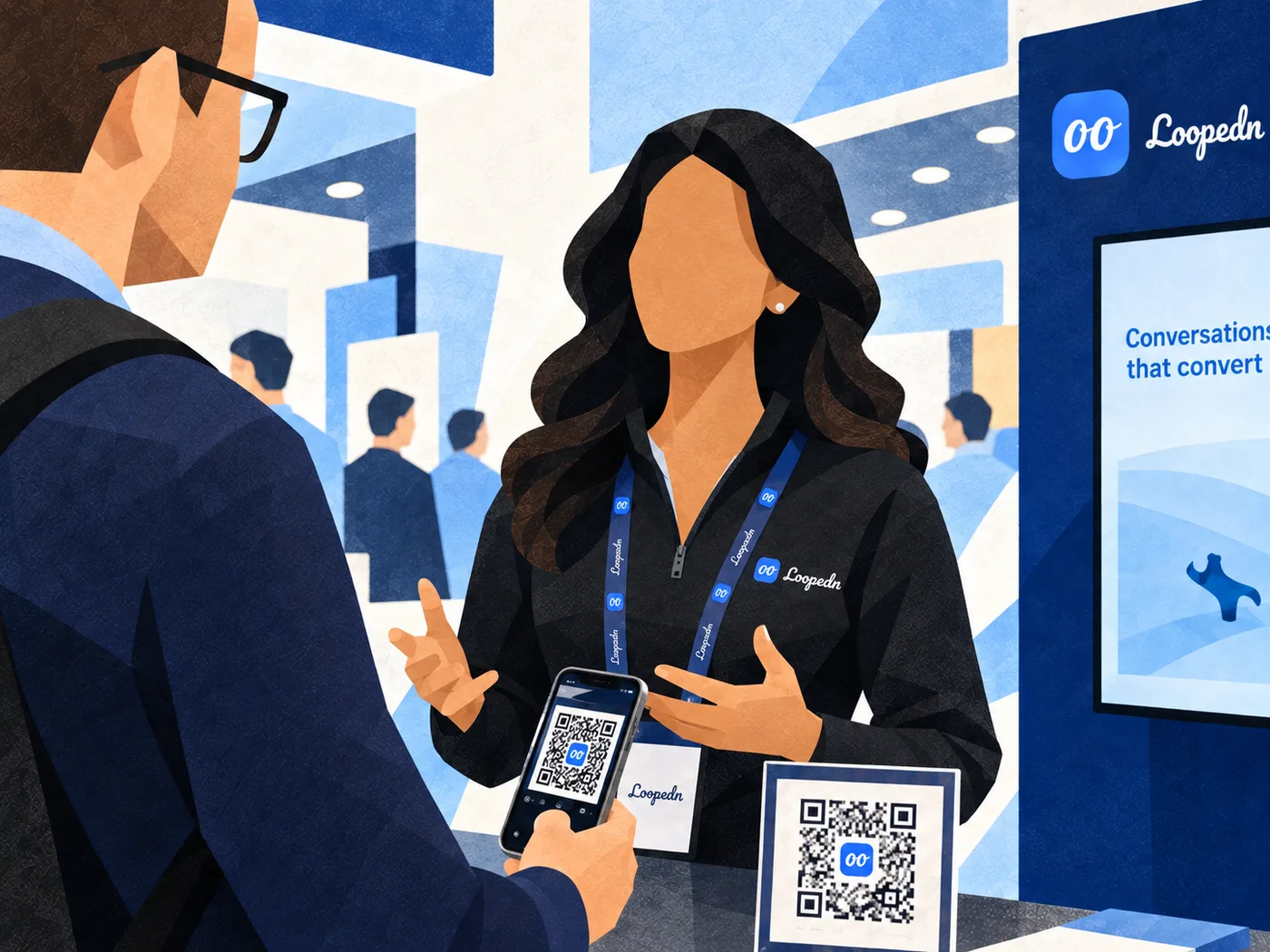 Sales rep greeting an attendee at a trade show booth with a QR code on the counter