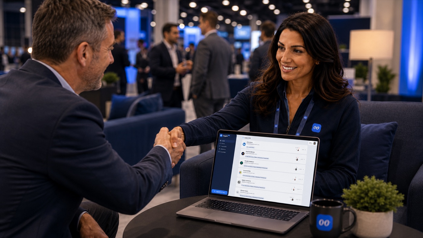 A Loopedn rep shaking hands with a prospect at a trade show, with the Loopedn lead list open on a laptop