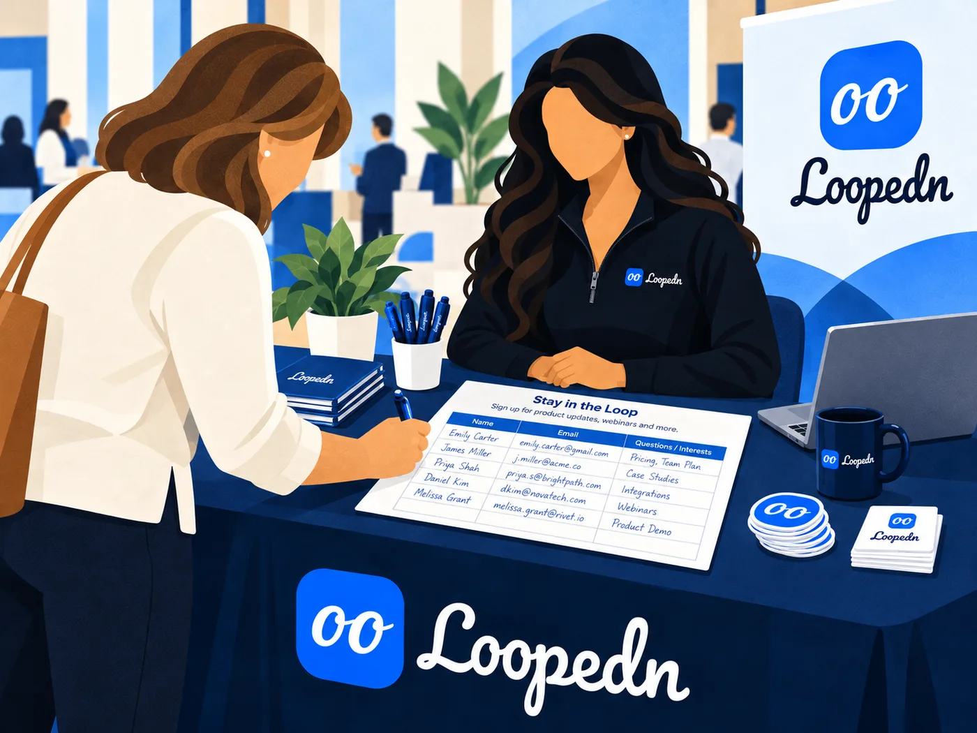 Attendee writing on a paper sign-up sheet at a trade show booth
