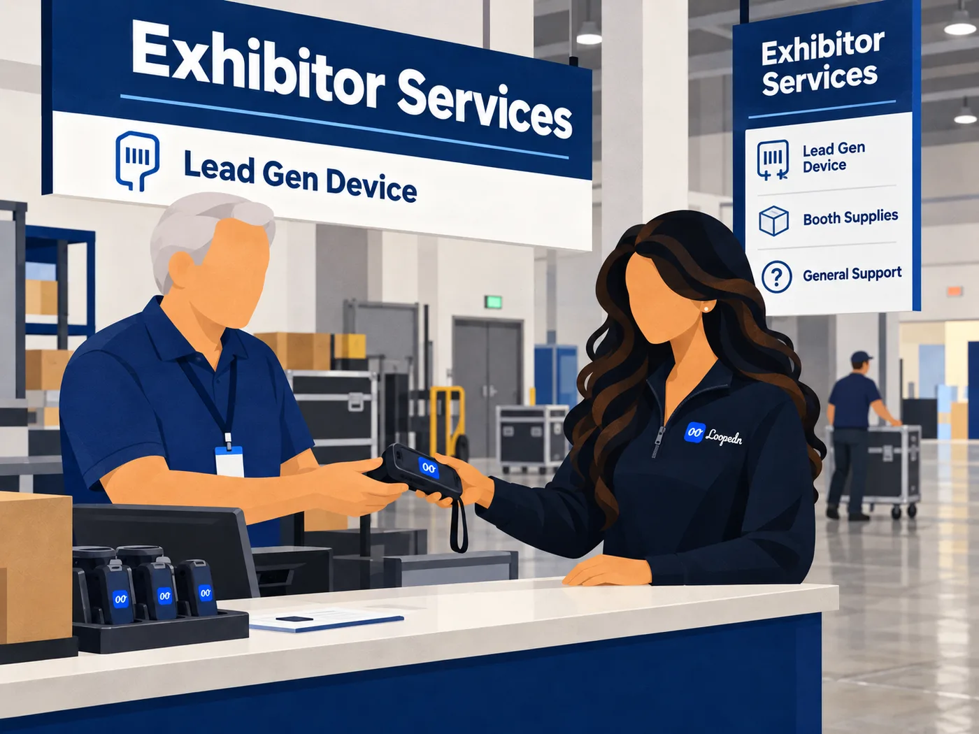 Sales rep picking up a badge scanner at the exhibitor services desk