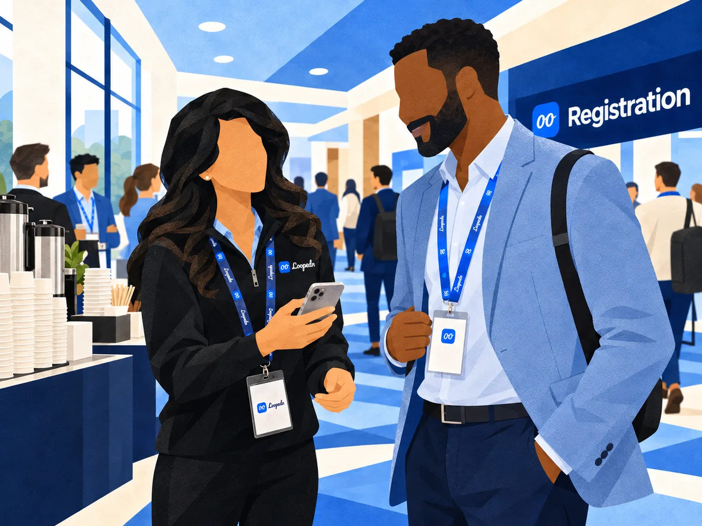 Sales rep meeting an attendee with a conference badge near the registration desk