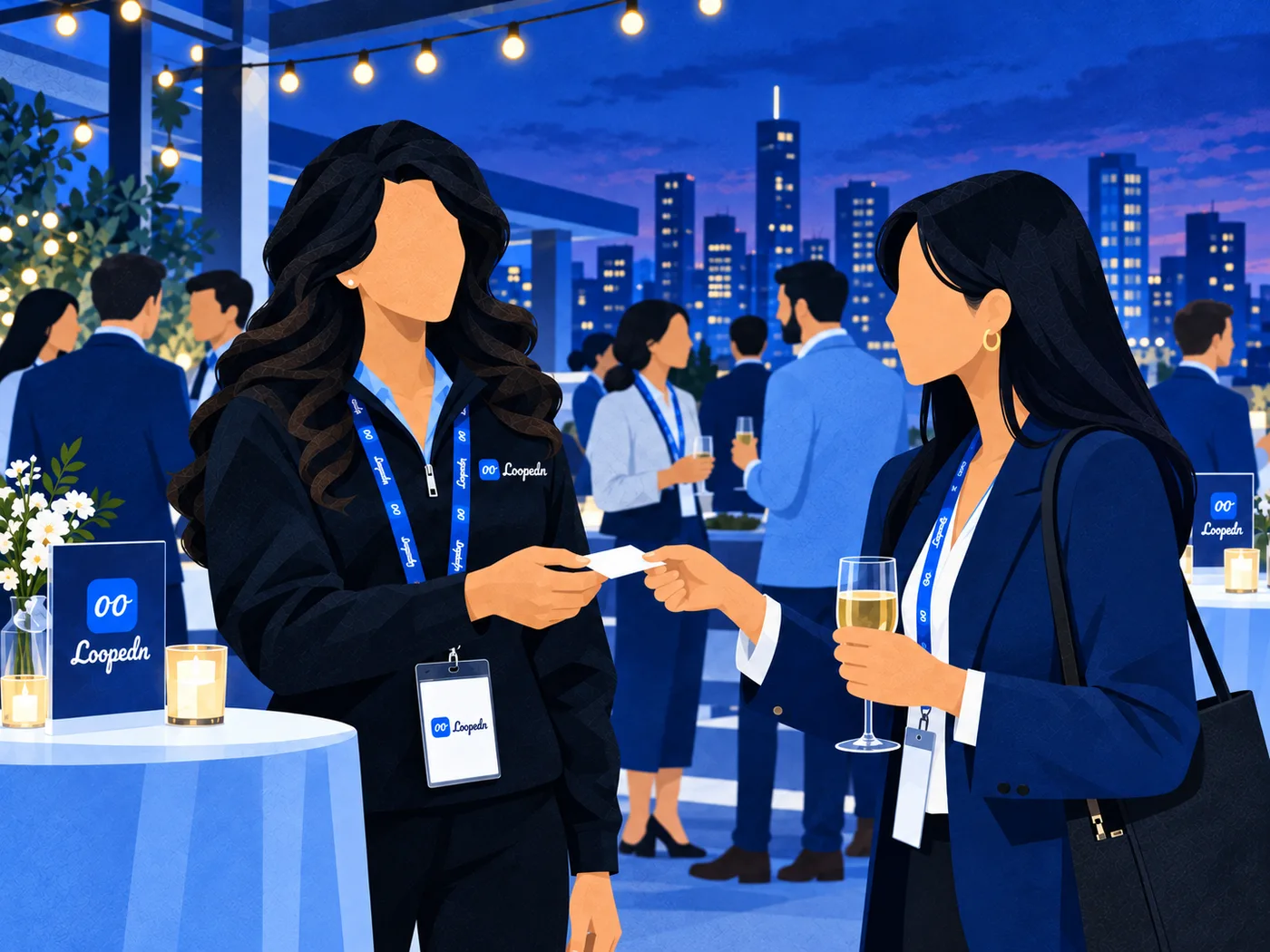 Sales rep being handed a business card at an evening rooftop reception