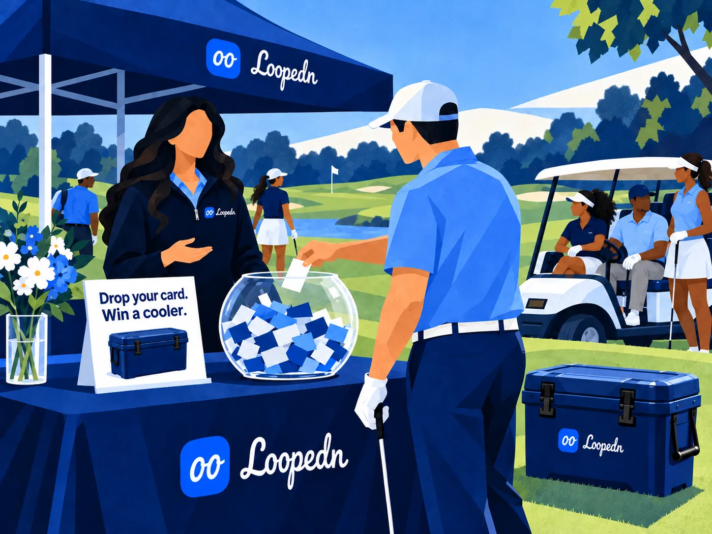 Golfer dropping a business card into a fishbowl at a Loopedn giveaway table at a golf outing
