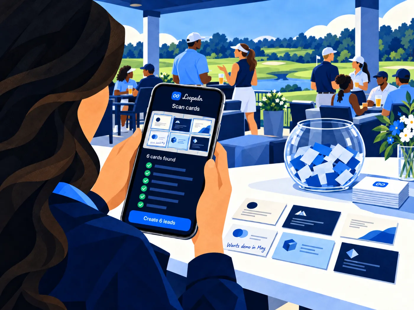 Sales rep on a clubhouse patio photographing six business cards from the fishbowl, with Loopedn showing six cards found