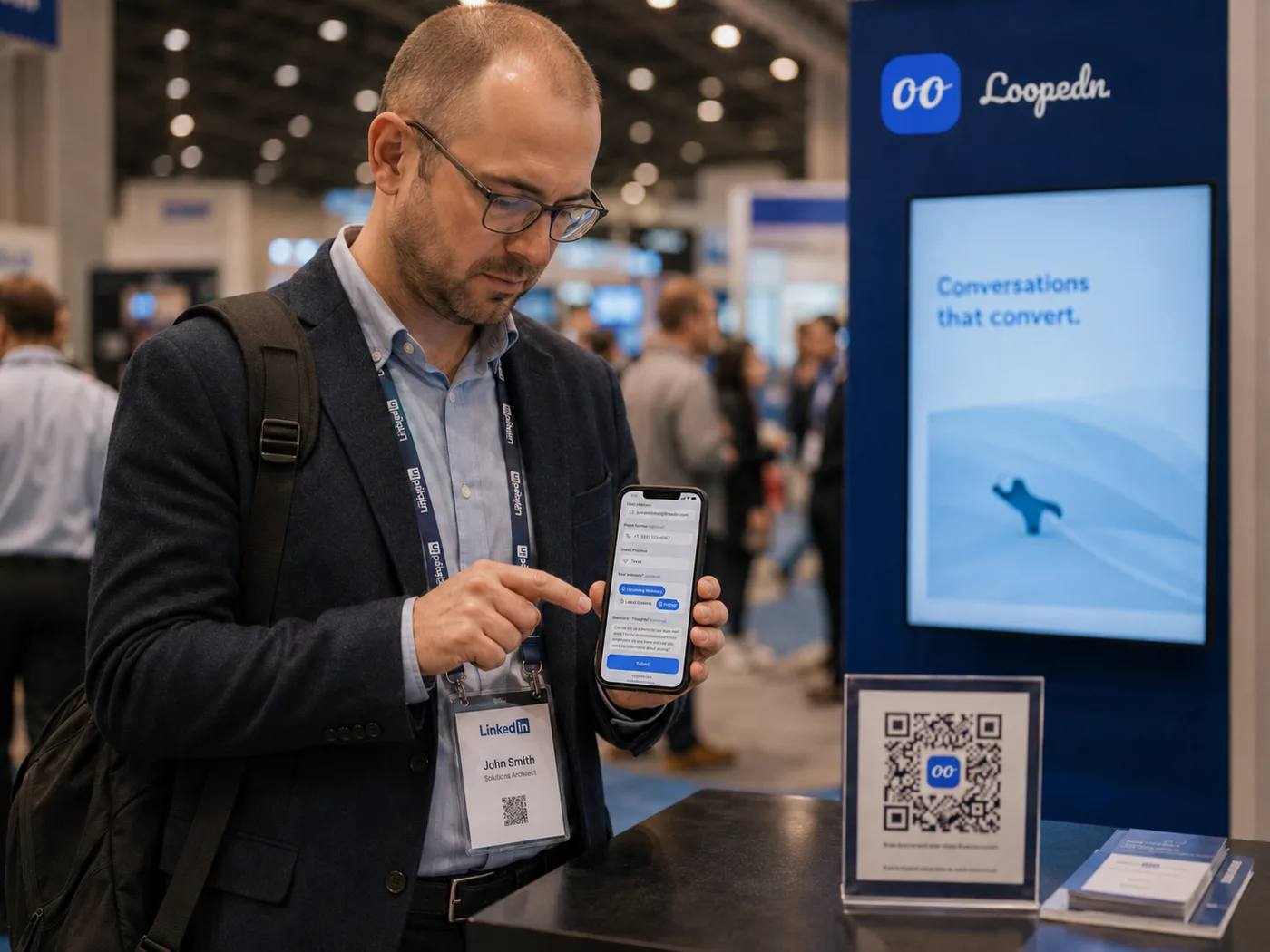 Trade show attendee filling out a short form on their smartphone
