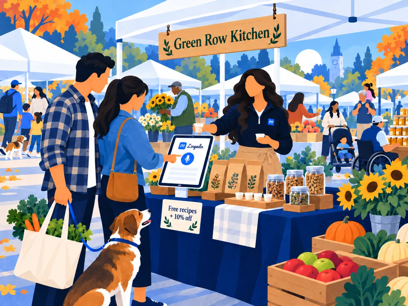 Farmers market stand with an iPad kiosk on the table, where a shopper taps the microphone while the stand owner hands out samples