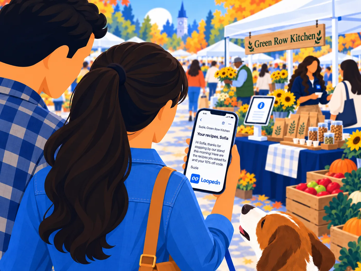 The same shopper walking on through the market, reading the stand's follow-up email on her phone