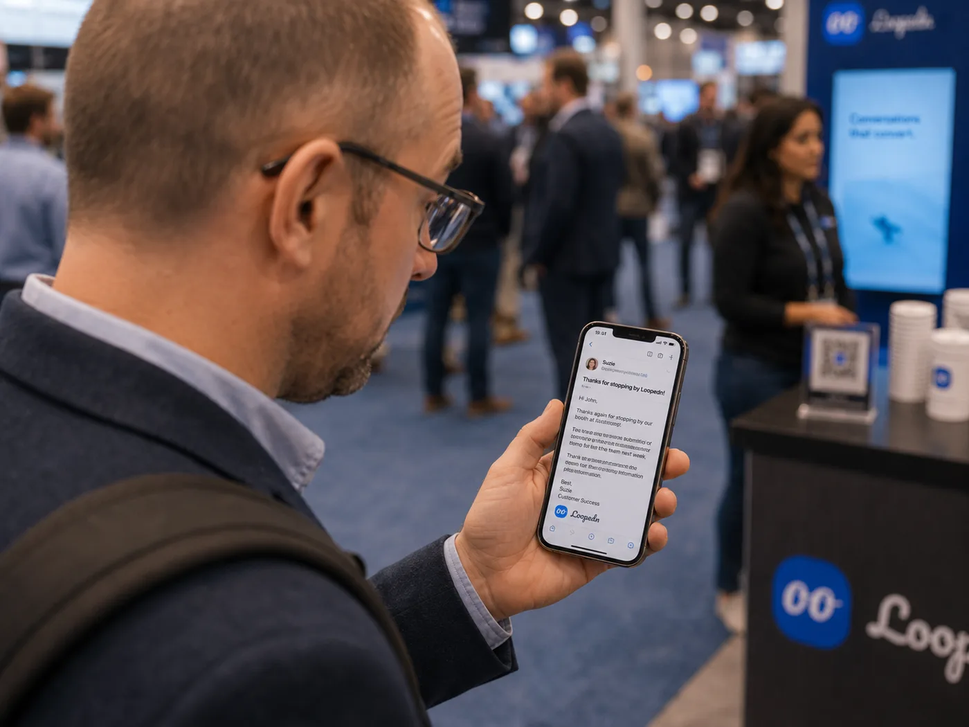 Attendee reading a personalized follow-up email on their phone at a booth