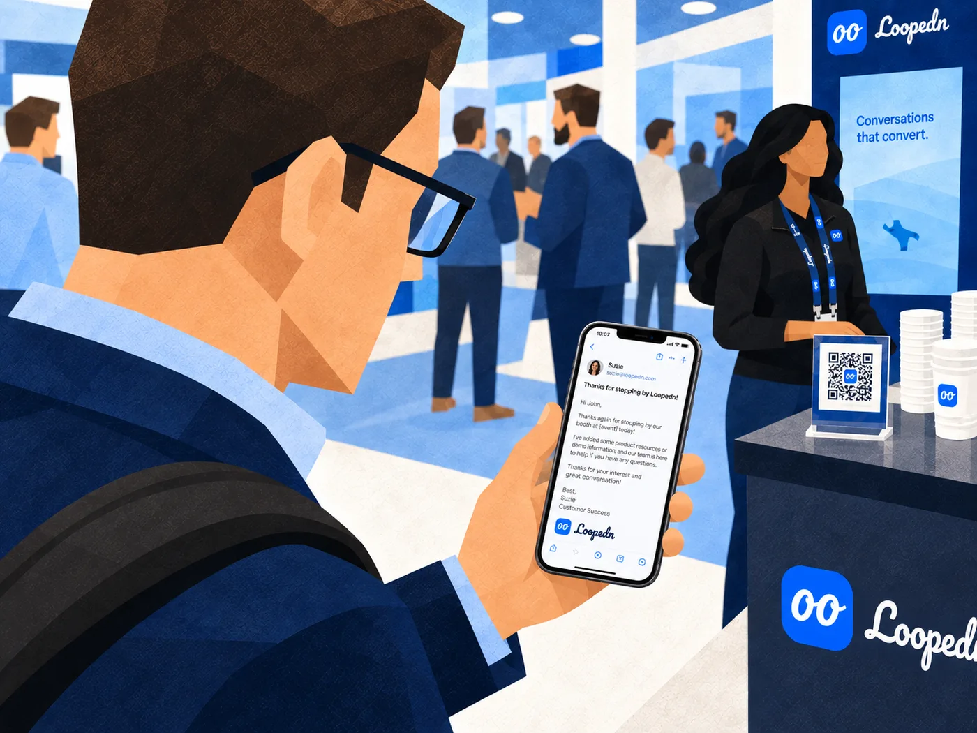 Attendee reading a personalized follow-up email on their phone at a booth