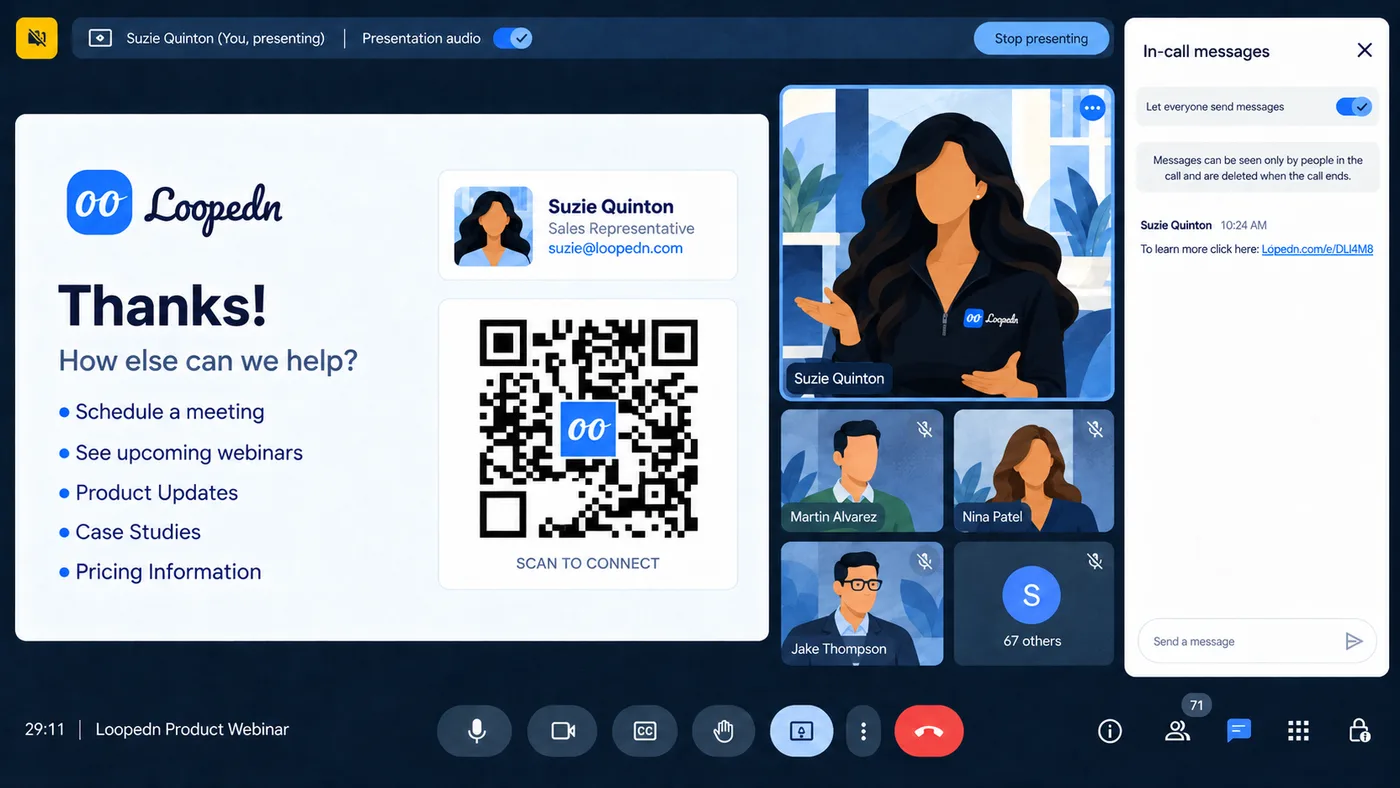 Presenter hosting a webinar with a QR code visible on the shared screen