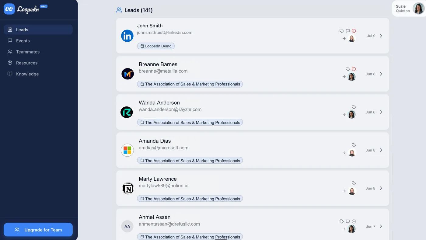 Loopedn leads dashboard showing captured attendees routed to team members