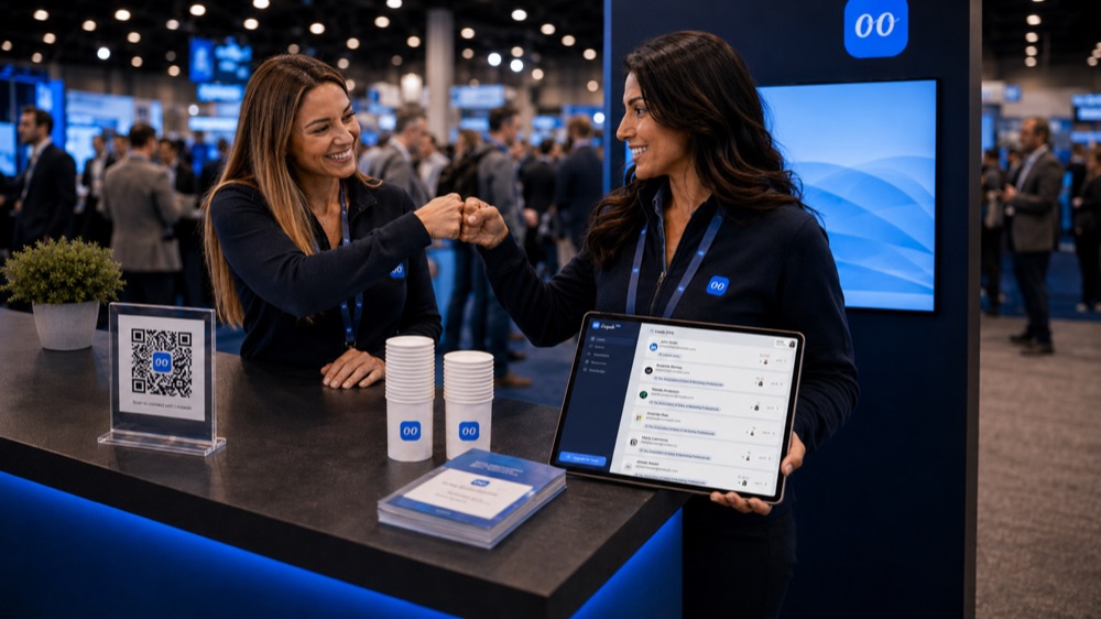 Two Loopedn team members celebrating at a trade show booth with a QR code and lead list