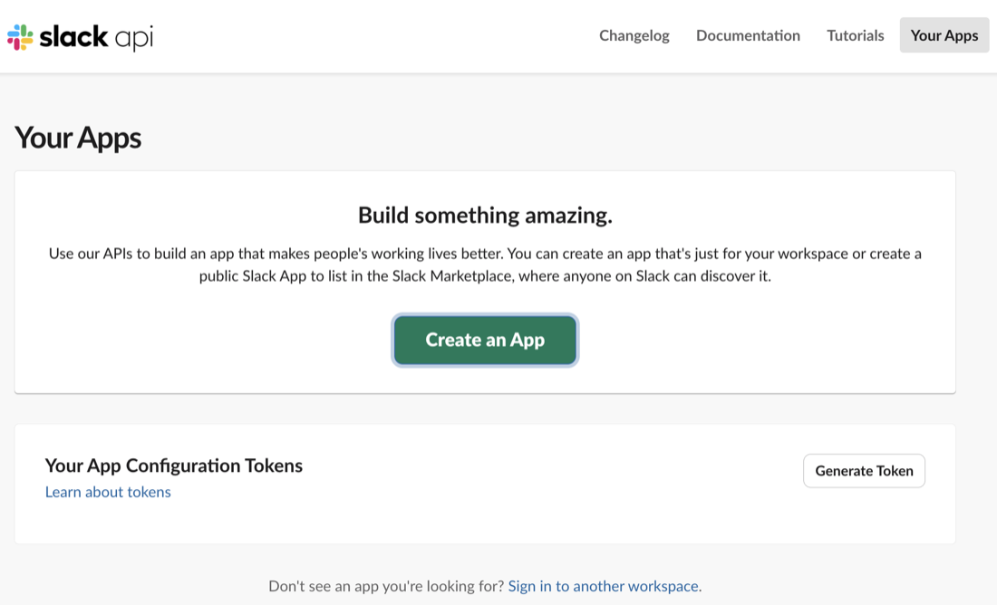 Slack's Your Apps page with the Create an App button