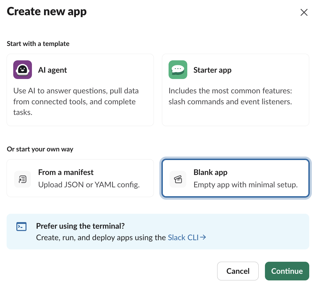 Slack's Create new app box with Blank app selected