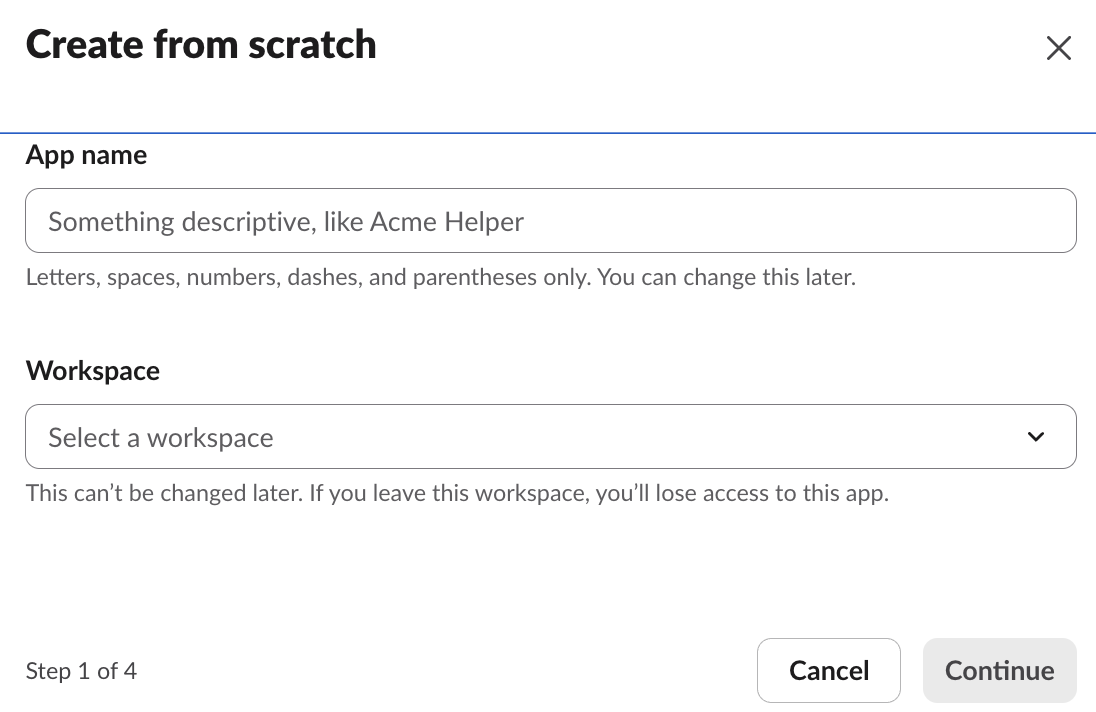 Slack's Create from scratch step with App name and Workspace