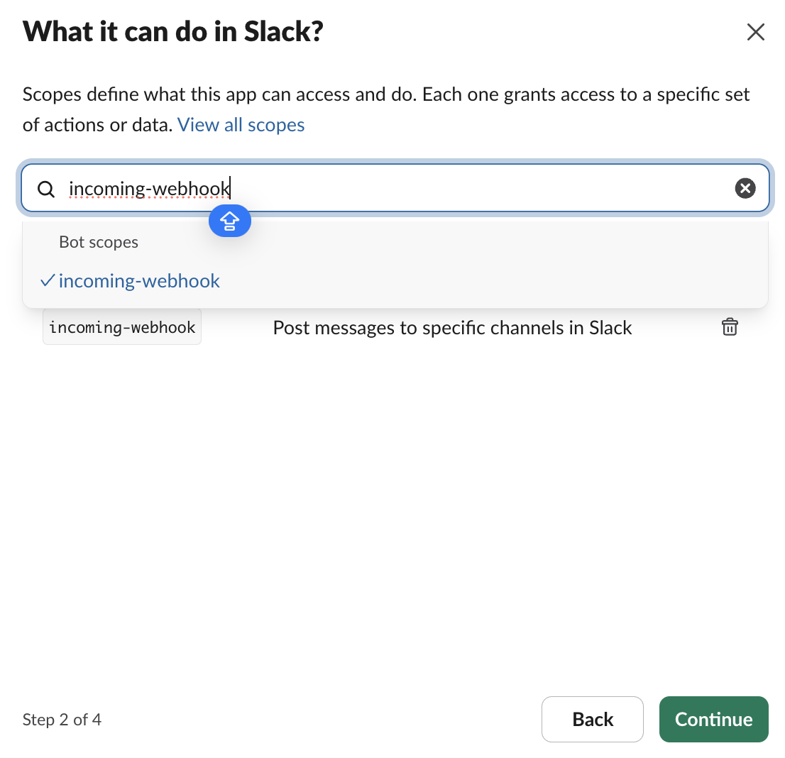 Slack's What it can do in Slack step with incoming-webhook added