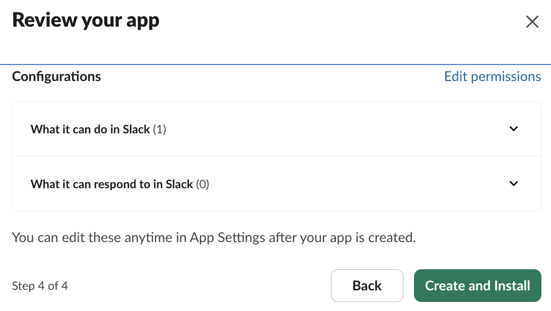 Slack's Review your app step with the Create and Install button