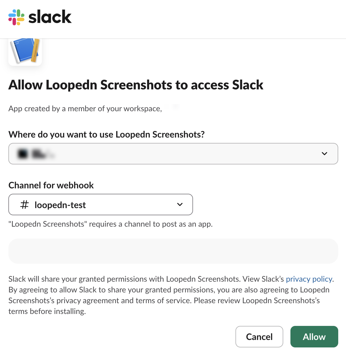 Slack asking to allow the app, with a channel picked for the webhook