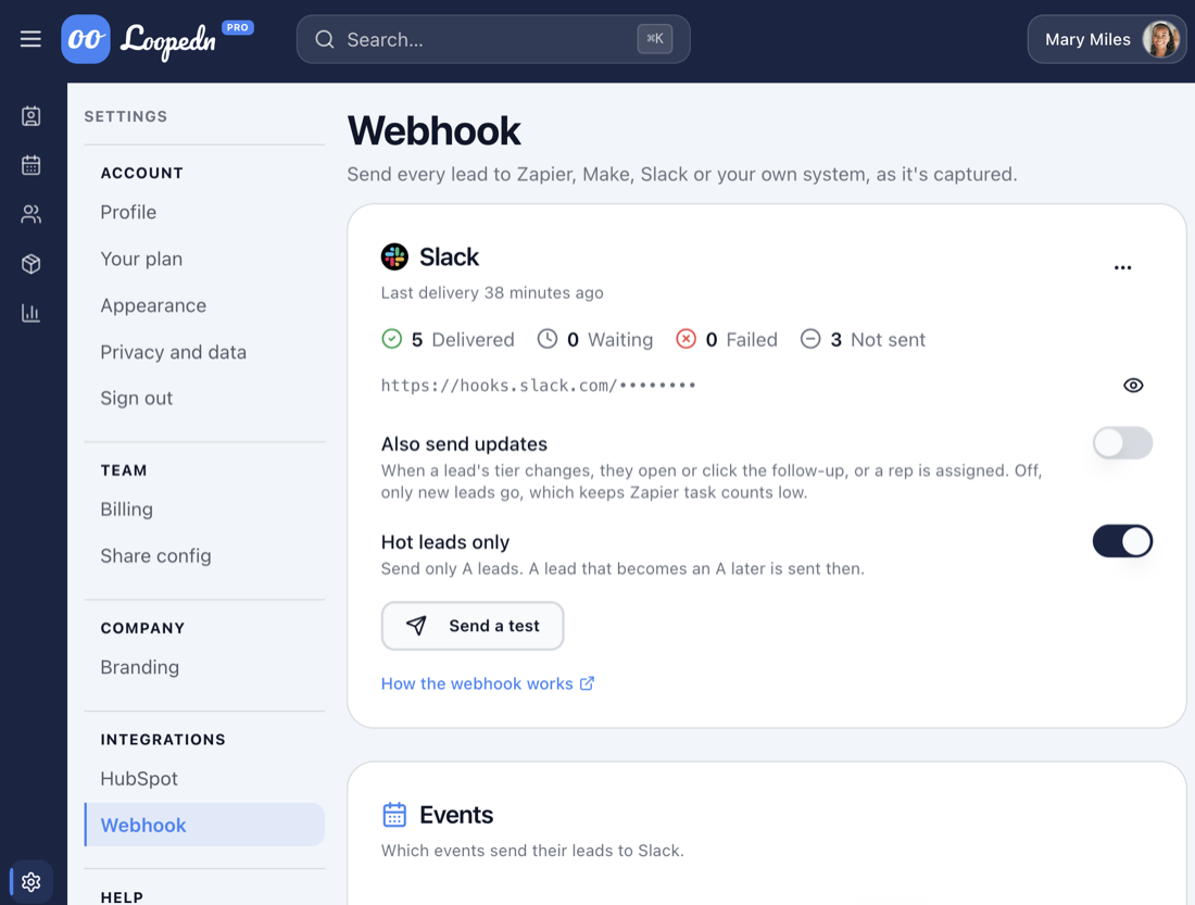Loopedn's Settings, Webhook page connected to Slack