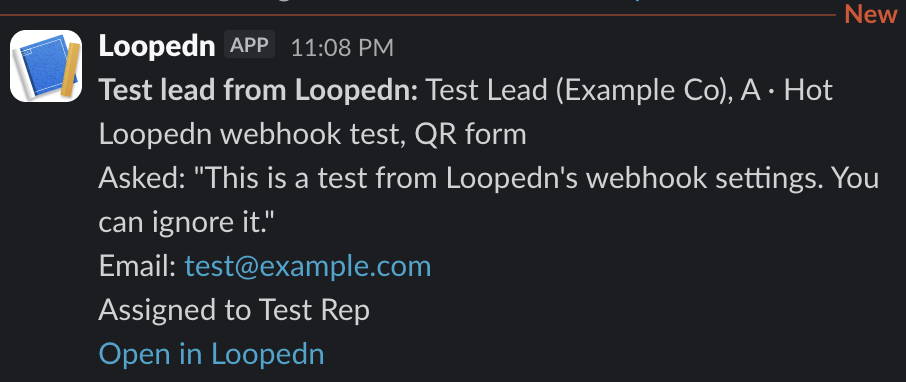 A Loopedn test lead posted in a Slack channel